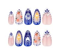 24 uñas postizas cortas con punta francesa, color azul y blanco, uñas postizas de almendra, cobertura completa, uñas adhesivas con flores, uñas acrílicas