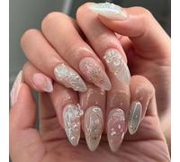24 Uñas Postizas Cortas Cuadradas + 24 Uñas en Forma de Almendra 3D - Uñas Francesas Blancas & Rosadas Brillantes con Flores y Mariposas (Uñas Acrílicas Hechas a Mano)