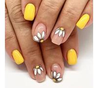 24 uñas postizas cortas cuadradas a presión, color amarillo, con patrones de flores, acabado brillante, uñas artificiales para mujer