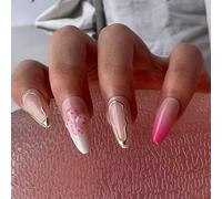 24 uñas postizas cortas de almendra a presión, con temática navideña, puntas francesas, acrílicas, cobertura completa, uñas postizas brillantes para mujer