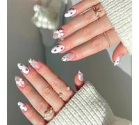 24 uñas postizas cortas de almendra con diseños de lazos, cubiertas completas artificiales, decoración de uñas para manicura