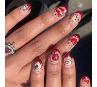 24 uñas postizas cortas de almendra con punta francesa, diseño de calavera, flor, corazón, artificial, para el día de San Valentín