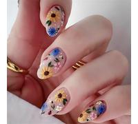 24 uñas postizas cortas de almendra, diseño de flores, 24 uñas adhesivas para Acción de Gracias, otoño e invierno
