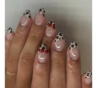 24 uñas postizas cortas de almendra francesa con estampado de cerezas de animales, para arte y uso en salones, uñas de cerezas de leopardo a presión