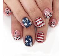 24 uñas postizas cortas del Día de la Independencia con diseños patrióticos, cubiertas completas para pegar para la fiesta del 4 de julio, estrella brillante