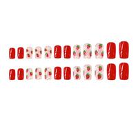 24 uñas postizas cortas desmontables, artificiales, encantadoras, fresas, cubiertas completas, puntas de flores a presión