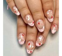 24 uñas postizas cortas ovaladas a presión para el día de San Valentín, uñas postizas con forma de corazón, uñas acrílicas con punta francesa