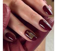 24 uñas postizas cortas rojas con pegamento, diseño de ojo de gato, con purpurina brillante, resistentes al agua y cuadradas.(Wine Red)
