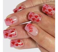 24 uñas postizas cuadradas a presión, uñas artificiales, uñas postizas, pegamentos en uñas, diseños de San Valentín, puntas de uñas francesas