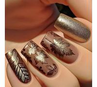 24 uñas postizas cuadradas con diseño de hojas de arce otoñales para Acción de Gracias, para un aspecto elegante