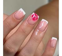 24 uñas postizas cuadradas con purpurina blanca brillante, estilo francés, ABS, mate, puntas cortas, fáciles de aplicar, uñas postizas con purpurina