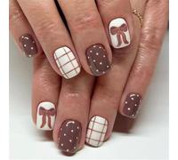 24 uñas postizas cuadradas cortas brillantes para otoño e invierno, color marrón café, a cuadros, lunares, color blanco, ABS, aplicación de uñas postizas ABS