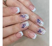 24 uñas postizas cuadradas cortas con diseño floral azul para puntas de los dedos elegantes con acabado brillante