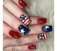 24 uñas postizas cuadradas cortas con temática del Día de la Independencia, uñas acrílicas brillantes con líneas rojas y estrellas para mujer