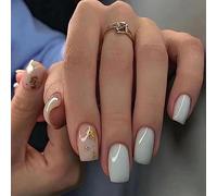 24 uñas postizas cuadradas cortas, punta francesa verde, uñas adhesivas extraíbles brillantes con diseños de estampado de leopardo, cobertura completa acrílica para mujeres y niñas, fragmentos de