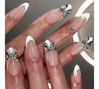 24 uñas postizas de almendra con puntas francesas blancas y lazos de metal, diseños de uñas adhesivas para mujer, diseños de lazos