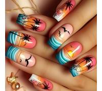 24 uñas postizas de árbol de coco, gaviotas, cubiertas completas, adhesivas, cuadradas, medianas, a presión