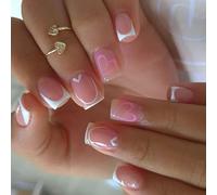 24 uñas postizas de estilo francés, cuadradas, cortas, blancas, brillantes, prensas en ABS mate, uso diario, estilos franceses artificiales a presión