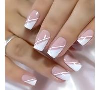 24 uñas postizas de líneas simples, blancas, brillantes, cobertura completa, uñas artificiales para mujer