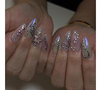 24 uñas postizas de longitud media, almendra, morado ombre, uñas postizas para pegar, 3D plata mariposa uñas postizas estrella uñas postizas uñas adhesivas uñas acrílicas puntas de uñas para mujer