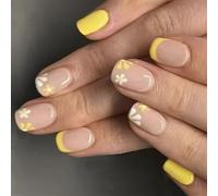 24 uñas postizas de punta francesa amarilla, con diseño de flores, cuadradas, cortas, acrílicas, para uso diario