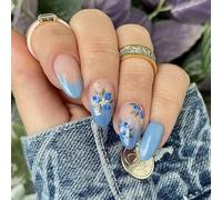 24 uñas postizas de punta francesa, color azul, acrílicas, cortas, almendras, para diseños de uñas de primavera y primavera