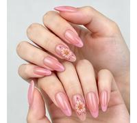 24 uñas postizas elegantes a presión con forma ovalada de flores francesas para uso diario, color rosa falsa