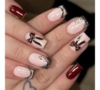 24 uñas postizas elegantes con lazos rojos, ABS, fácil aplicación para el uso diario, diseño cómodo de llevar, uñas postizas ABS
