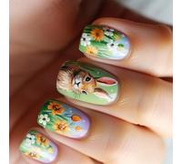 24 Uñas postizas estilos cuadrados cortos presionando con diseños de flores de plumas únicas, pegado en uñas, decoración de manicura, clavo de flores de primavera