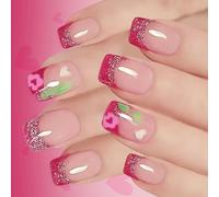 24 uñas postizas francesas con purpurina de corazón brillante, uñas cortas cuadradas a presión, diseño de llama, fácil aplicación, varios tamaños, uñas cortas cuadradas a presión