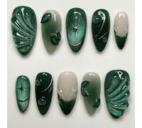 24 uñas postizas francesas de color verde oscuro con diseño de estrella para fiestas, vacaciones y uso diario para mujeres