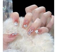 24 uñas postizas francesas de longitud media, uñas postizas rosas con uñas artificiales blancas lindo conejo para imprimir uñas arte decorativo diario para mujeres y niñas