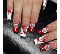 24 uñas postizas largas de ataúd con forma cuadrada con dije 3D, cubiertas completas artificiales a presión para mujeres y niñas, elegantes diseños de uñas