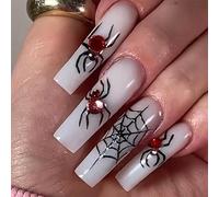 24 uñas postizas largas de Halloween, diseño de calavera de gato fantasma, araña, uñas a presión, uñas acrílicas de cobertura completa para mujeres y niñas, accesorios de arte de uñas (009#)