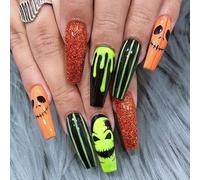 24 uñas postizas largas de Halloween, diseño de calavera de gato fantasma, araña, uñas a presión, uñas acrílicas de cobertura completa para mujeres y niñas, accesorios de arte de uñas (012#)