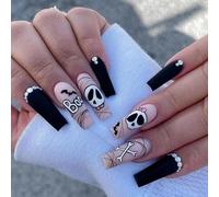 24 uñas postizas largas de Halloween, diseño de calavera de gato fantasma, araña, uñas a presión, uñas acrílicas de cobertura completa para mujeres y niñas, accesorios de arte de uñas (007#)