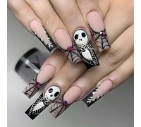 24 uñas postizas largas de Halloween, diseño de calavera de gato fantasma, araña, uñas a presión, uñas acrílicas de cobertura completa para mujeres y niñas, accesorios de arte de uñas (004#)