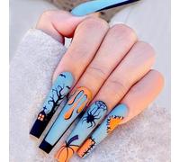 24 uñas postizas largas de Halloween, diseño de calavera de gato fantasma, araña, uñas a presión, uñas acrílicas de cobertura completa para mujeres y niñas, accesorios de arte de uñas (001#)