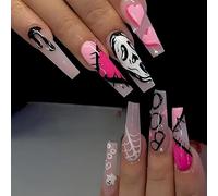 24 uñas postizas largas de Halloween, diseño de calavera de gato fantasma, araña, uñas a presión, uñas acrílicas de cobertura completa para mujeres y niñas, accesorios de arte de uñas (008#)