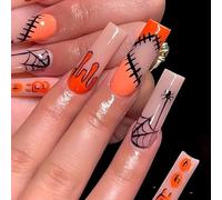 24 uñas postizas largas de Halloween, diseño de calavera de gato fantasma, araña, uñas a presión, uñas acrílicas de cobertura completa para mujeres y niñas, accesorios de arte de uñas (010#)