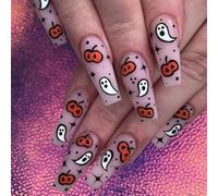 24 uñas postizas largas de Halloween, diseño de calavera de gato fantasma, araña, uñas a presión, uñas acrílicas de cobertura completa para mujeres y niñas, accesorios de arte de uñas (013#)
