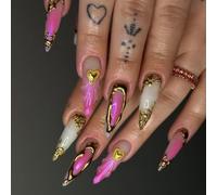 24 uñas postizas largas puntiagudas con gotas degradadas, uñas acrílicas reutilizables, cobertura completa, uñas adhesivas