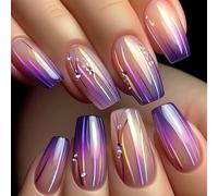 24 uñas postizas mágicas de color morado degradado para pegar en uñas postizas cuadradas con curvas brillantes y patrón de diamantes para decoración de manicura de mujer
