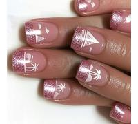 24 uñas postizas ovaladas cortas con diseño de árbol de coco, uñas acrílicas con purpurina, cubiertas completas, uñas adhesivas