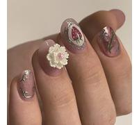 24 uñas postizas ovaladas cortas con flores y fresas para mujeres de moda que celebran el Día de la Independencia