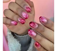24 uñas postizas ovaladas cortas con patrón de llama de corazón, uñas acrílicas, accesorios para fiestas y uso diario