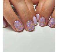 24 uñas postizas postizas con punta francesa, brillantes, cuadradas, cortas, a presión, flores acrílicas artificiales