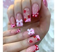 24 uñas postizas postizas con punta francesa para el día de San Valentín, uñas artificiales con forma de corazón, uñas postizas a presión con lazos de fresa