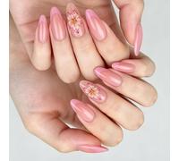 24 uñas postizas románticas a presión, diseño floral 3D, estilo francés, longitud fácil de aplicar, arte rosa falsa
