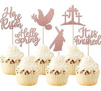 24 unidades de decoración de tarta de Pascua con forma de cruz de Pascua para cupcakes, decoración para tarta de cristianismo, tema de bebé, ducha, niños, tartas, decoración de decoración de oro rosa